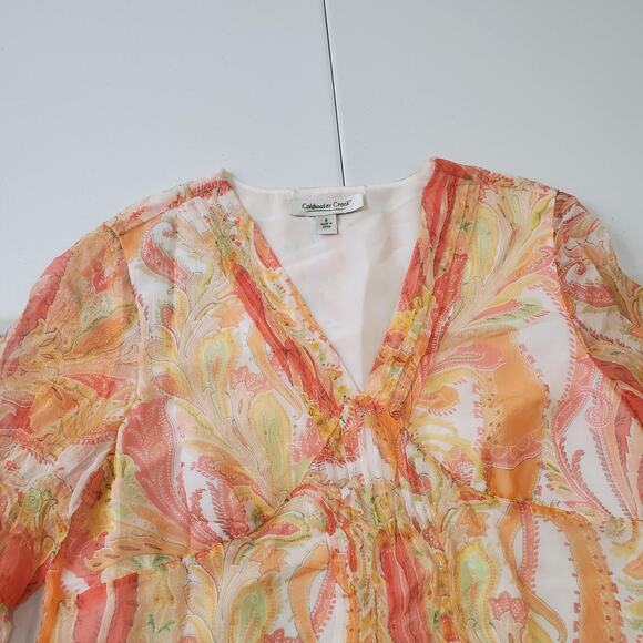 Y2K Babydoll Coldwater Creek Shirt Womens Small Orange Paisley Silk Sheer Top - Picture 2 of 9